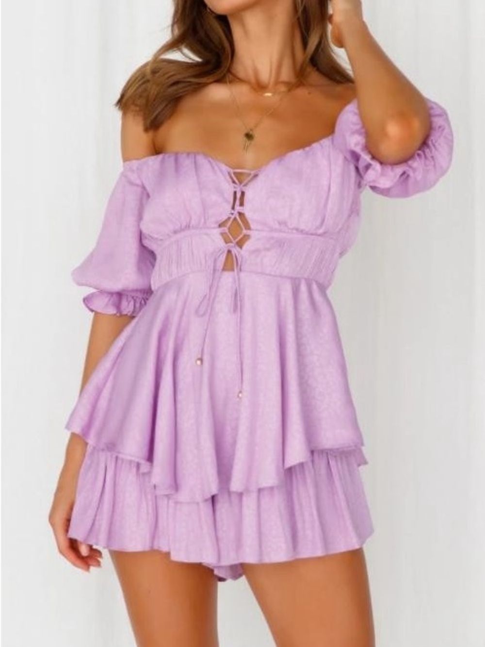 Off-Shoulder Lilac Tiered Romper milkmaid style coquette